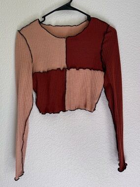 Colorblock Ribbed Long-Sleeve Crop Top Pink & Rust Size Small
